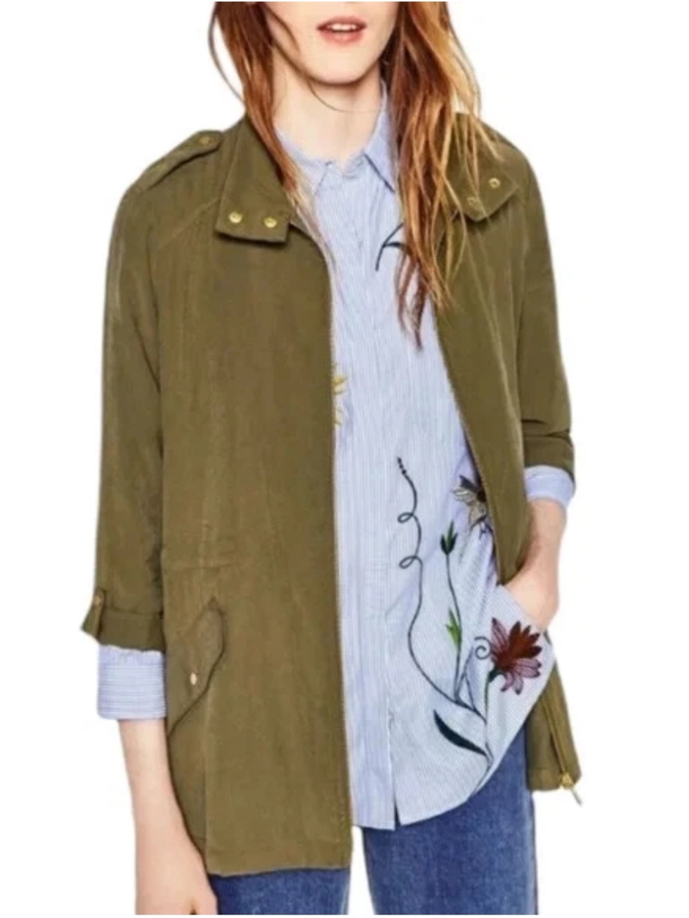 Zara Basic Military Utility Jacket Olive Green Drawstring Cargo Anorak Size S